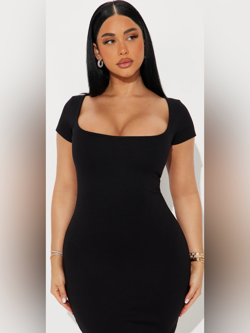 Black Short-Sleeve Bodycon Midi Dress - Sleek Women's Dress - Picture 2 of 6